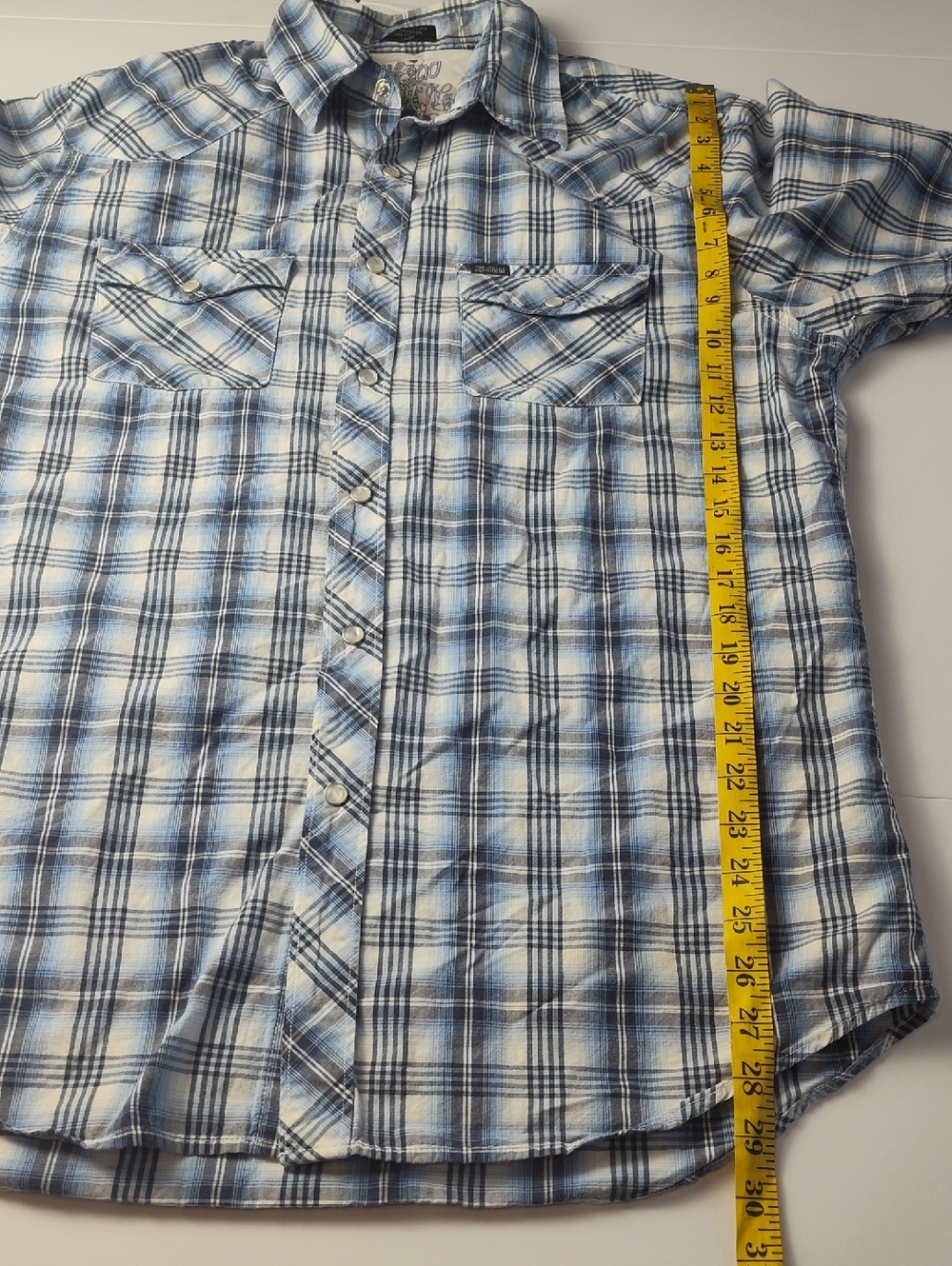 Bullhead Men’s Blue Plaid Western Pearl Snap Short Sleeve Shirt Large - Picture 5 of 7